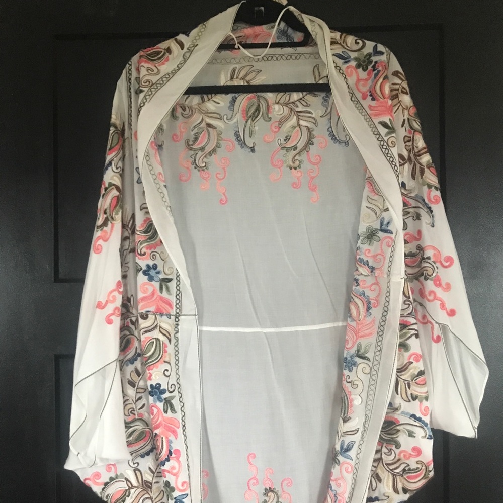 Women's Cream Embroidered Open-Front Kimono Top